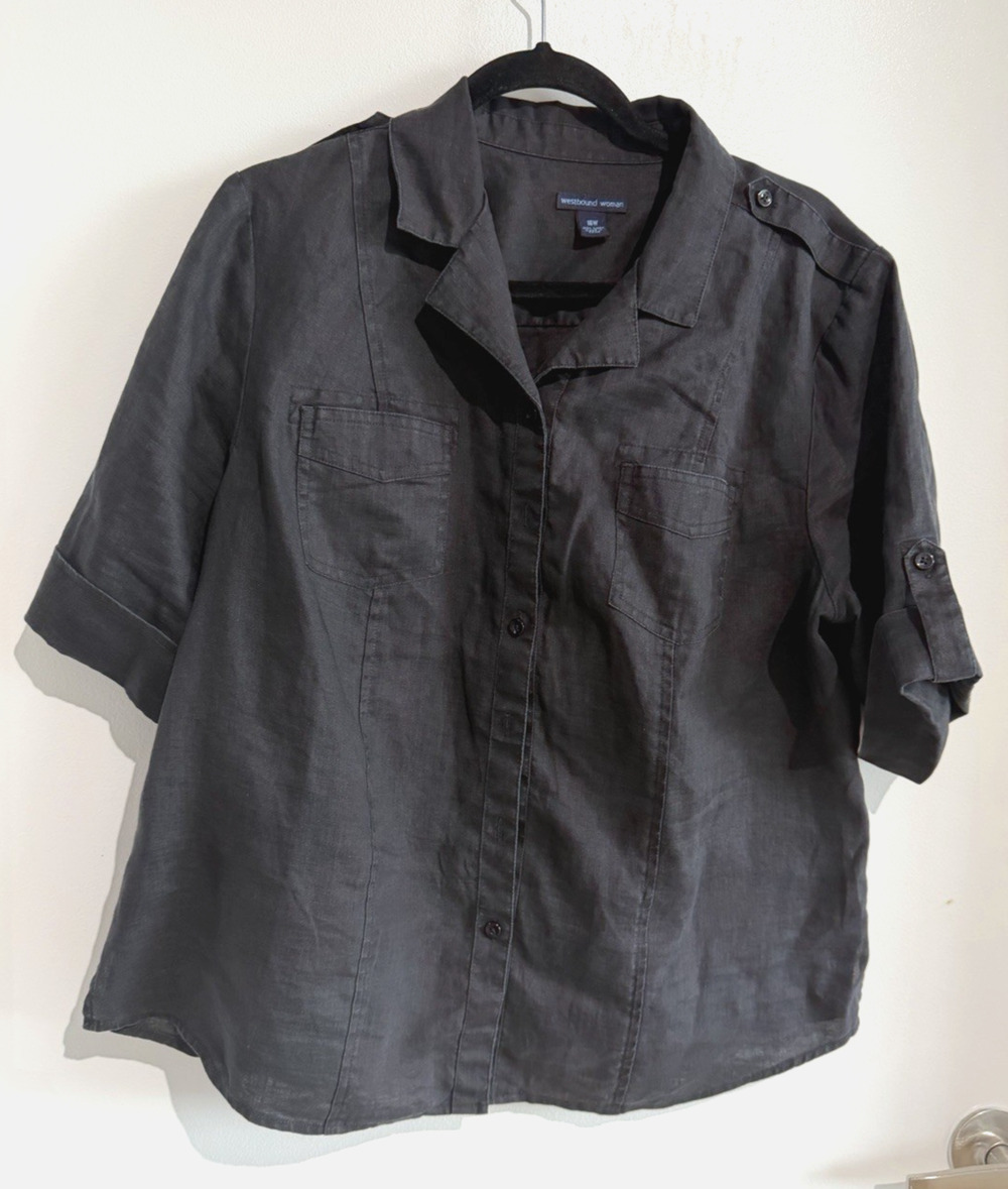 Westbound Womens Black 100% Linen Shirt Short Sleeve Button Front Size 16